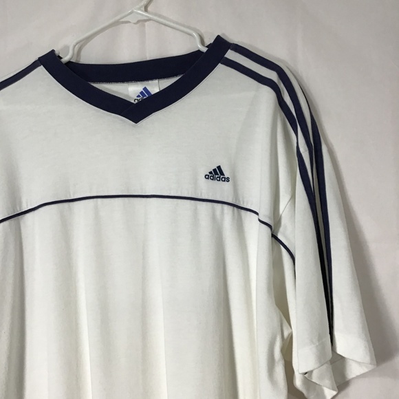 Adidas Vintage White Navy 3 Stripe Athletic Tee - Picture 2 of 6